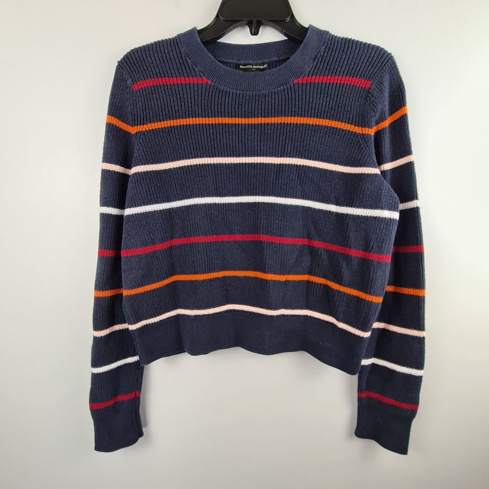 Banana Republic Womens Navy Blue Striped Cotton Shaker Stitch Sweater M Preppy
